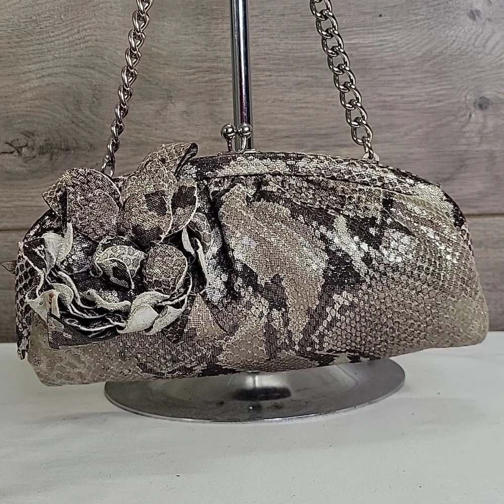 Isabella Fiore Metallic Snakeskin Pattern Clutch with Chain Strap
